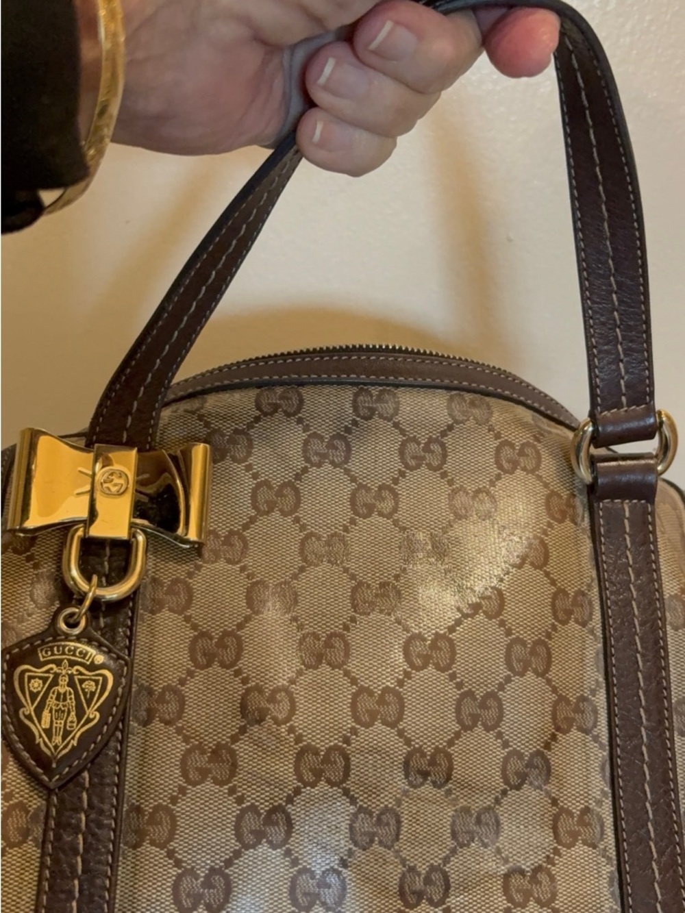 Gucci Brown Monogram Satchel with Gold Bow Accent. Authentic, Vintage Beautiful! - Picture 15 of 16